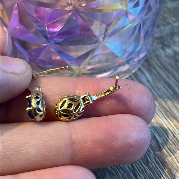 14k Gold diamond tanzanite Drop Earrings. Oval Gemstones with diamond Pavé Halos - Picture 8 of 13